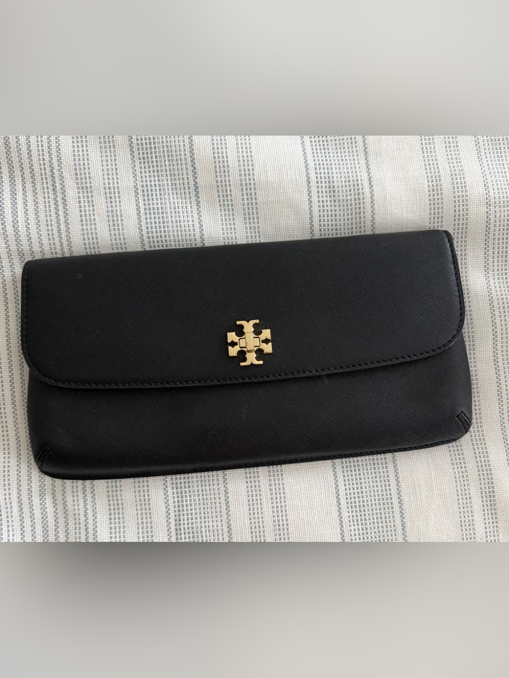 Tory Burch Black Leather Clutch with Gold Logo